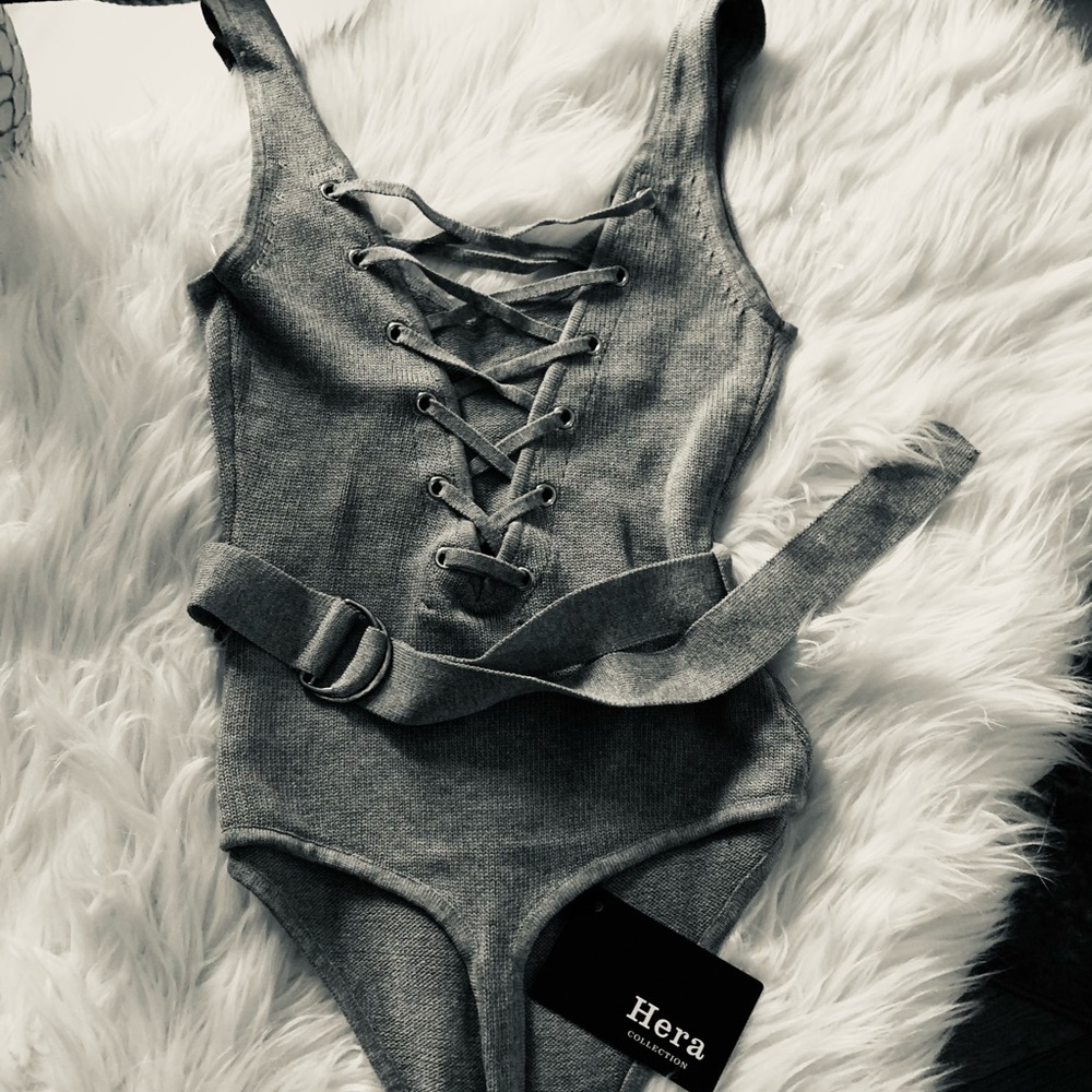 Gray laced up bodysuit with waist belt 2 (S) avail